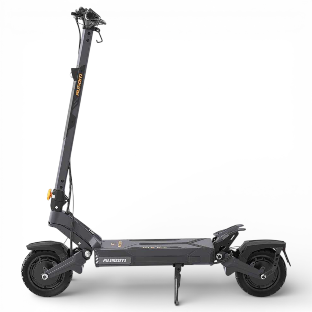 Black electric scooter with folded stand on a white background
