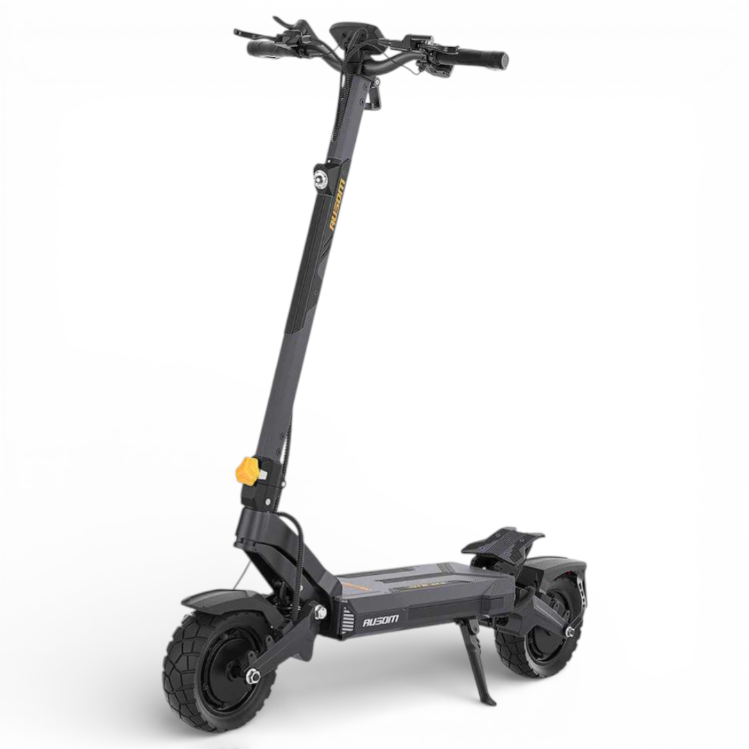 A black electric scooter with a step-through frame, thick knobby tires, a kickstand, and a small yellow accent on the deck, shown on a clean white background.