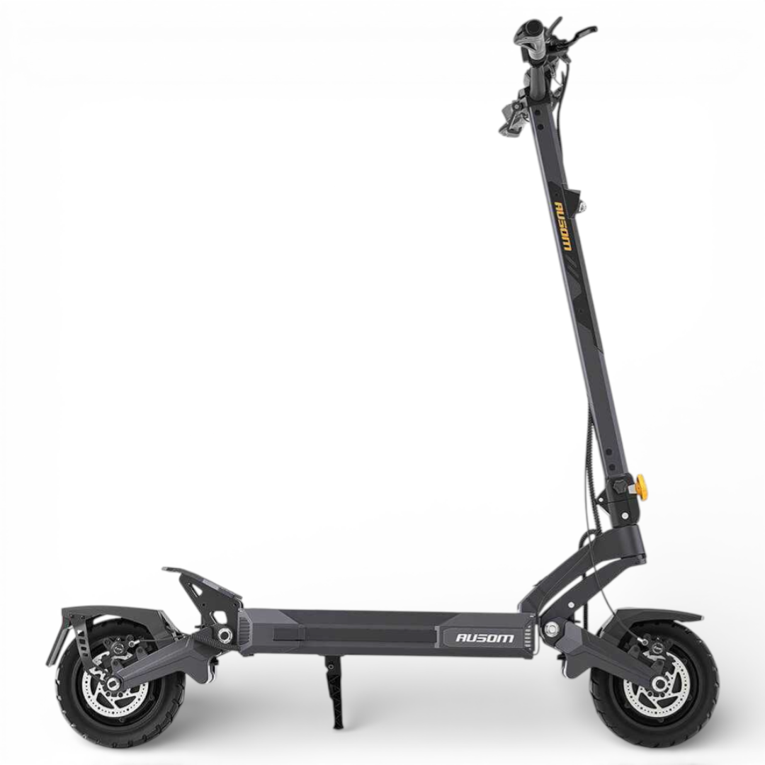 Black electric scooter with Ausom branding on a white background