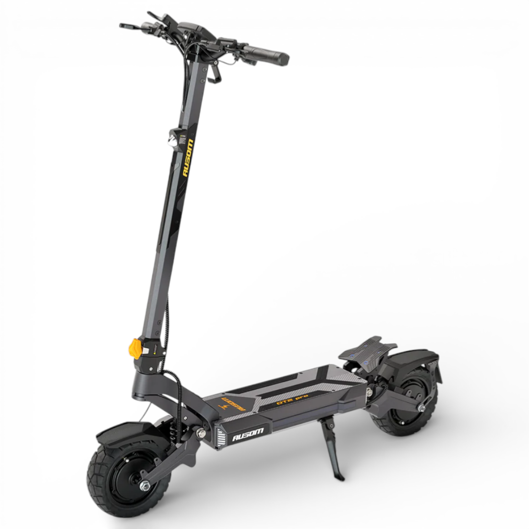 Black electric scooter with visible brand name on a white background